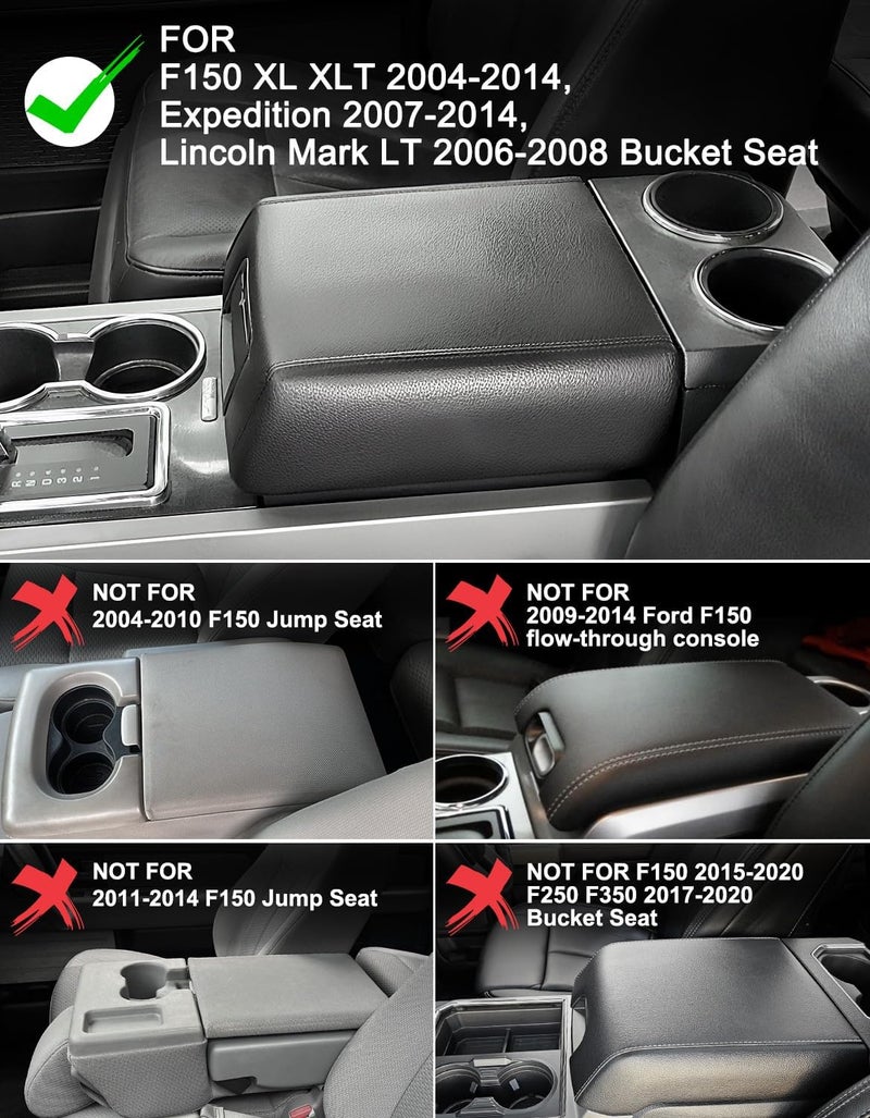 Eaglecover Center Console Cover for Ford F150 XL XLT 2004-2014, Expedition 2007-2014, Lincoln Mark LT 2006-2008, PU Leather Middle Armrest Cusion Protector, Bucket Seat Only, Anti-Scratch, Black Gray Stitching - Image 2